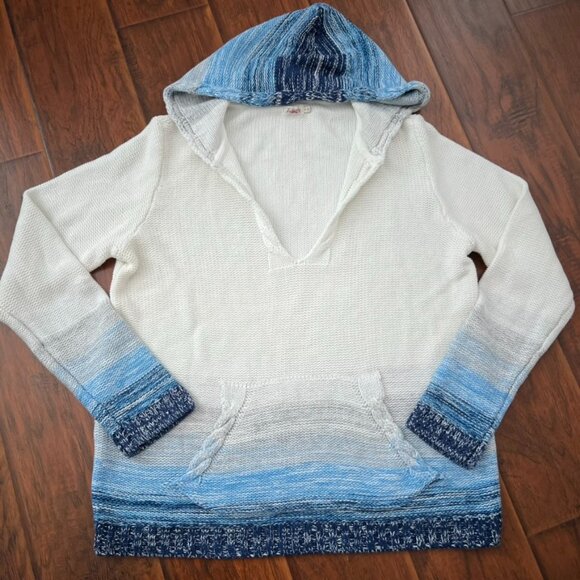 Faherty Sweaters - Faherty Nautical Knit Gradient Blue V-Neck Hoodie Sweater Cableknit Size XL